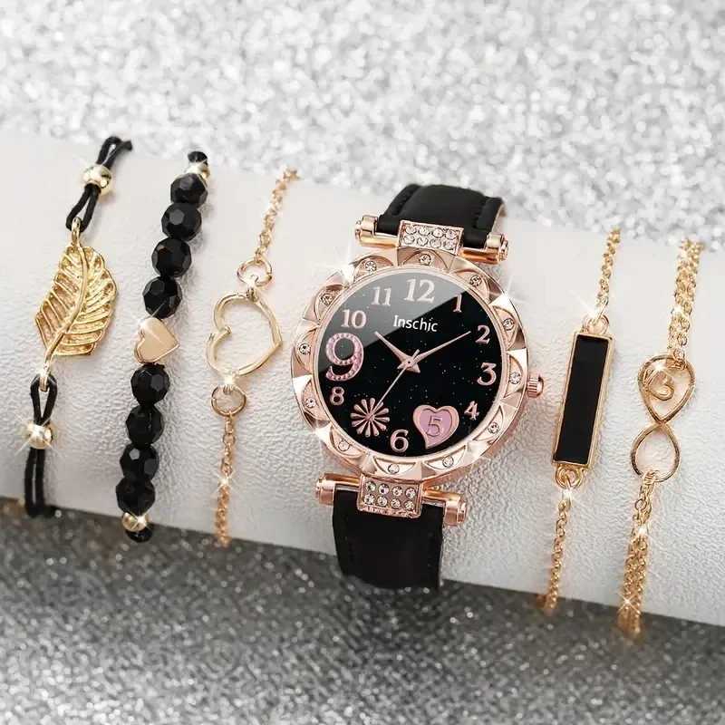 6PCS/Set Women Watch Cute Heart Dial Quartz Watch Shiny Rhinestone Analog Wrist Watch Bracelets Gift for Mom (Without Box)X240923