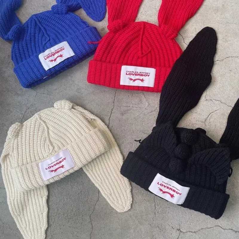 Beanie/Skull Caps Winter Beanies oy Long Ear Fox Knitted Hat Solid Warm Crochet Personality Skullies Hooded Hip Hop Cool Christmas Gift Cs J240923