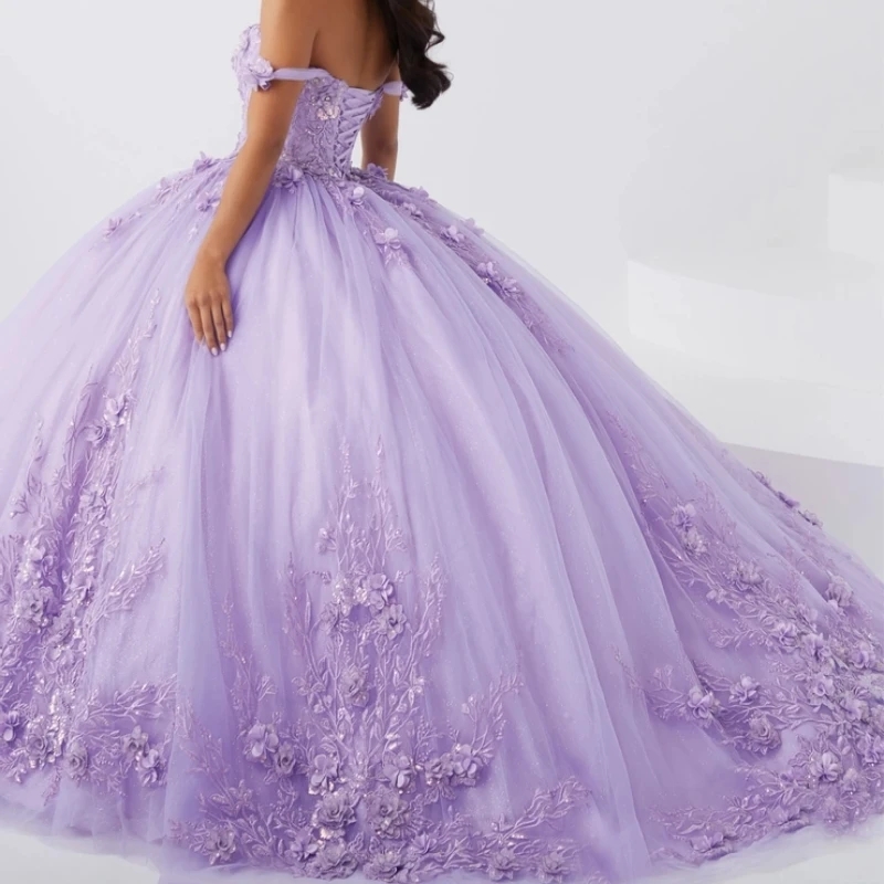 Lilac Shiny Quinceanera Dresses Ball Gown Birthday Party Off The Shoulder Lace Appliques Tull Corset Sweet 16 Dress vestidos de 15 Anos