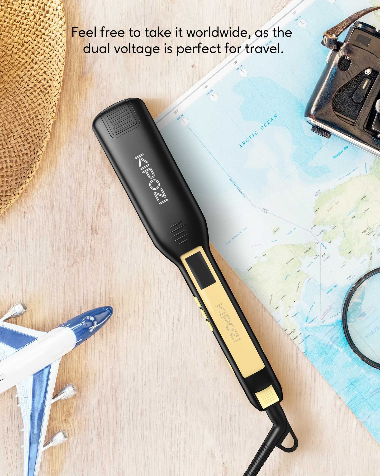 KIPOZI professional straightener made of titanium flat iron equipped with a digital LCD display and dual pressure instant heating curling iron CL24092