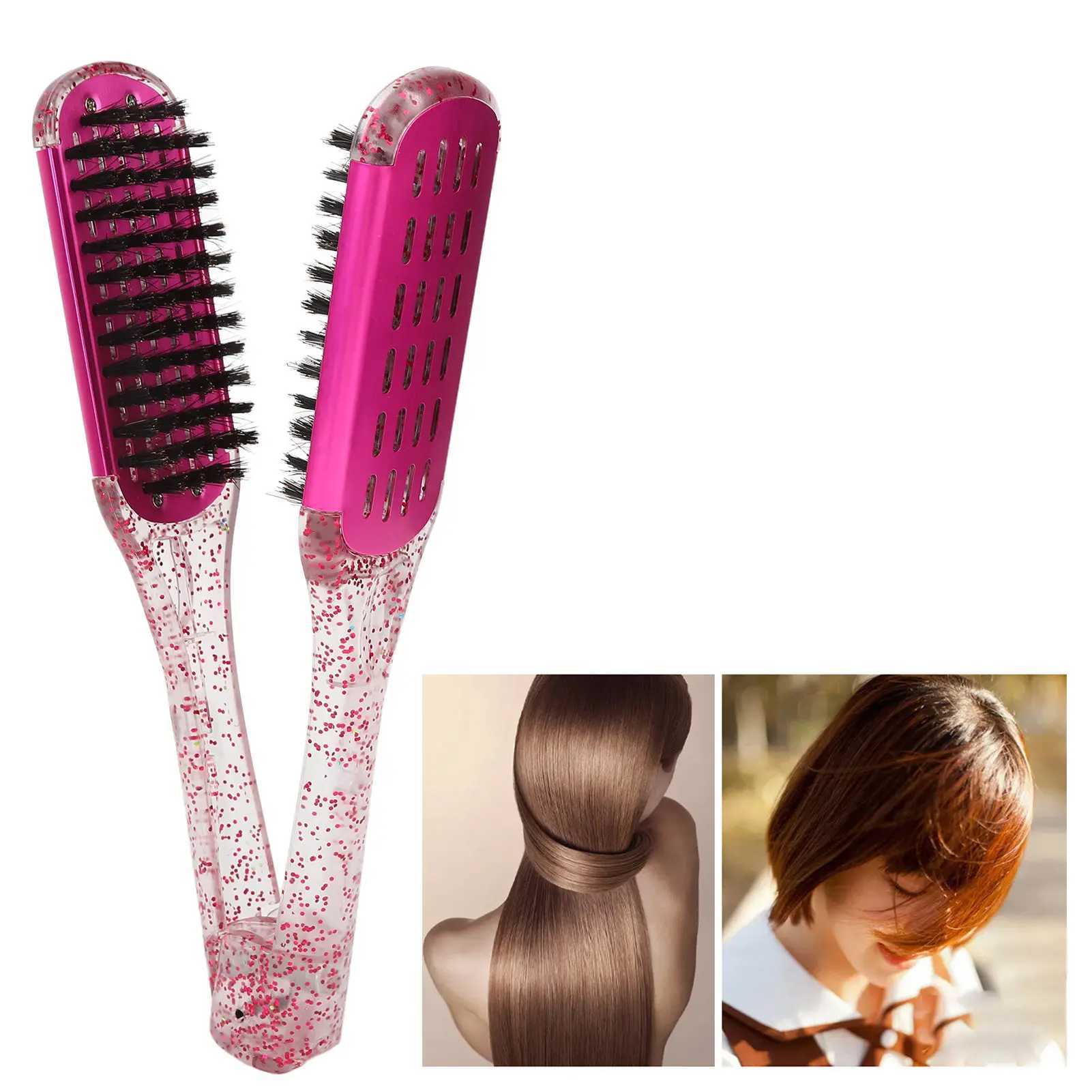 Hair straightening and splicing comb soft hair double-sided hair straightener clip brush styling tool rose red hair straightener comb CL240923