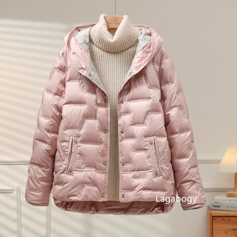 Lagabogy autumn and winter womens white duck down jacket casual single chest hooded lightweight Puffer Parka 240921