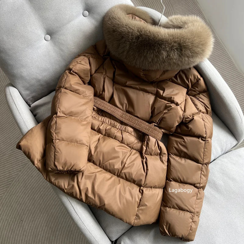 Lagabogy Winter Womens Ultra Light Inflatable Jacket y Real Fox Fur Hooded 90% White Duck Down Warm Thin Parkas 240921