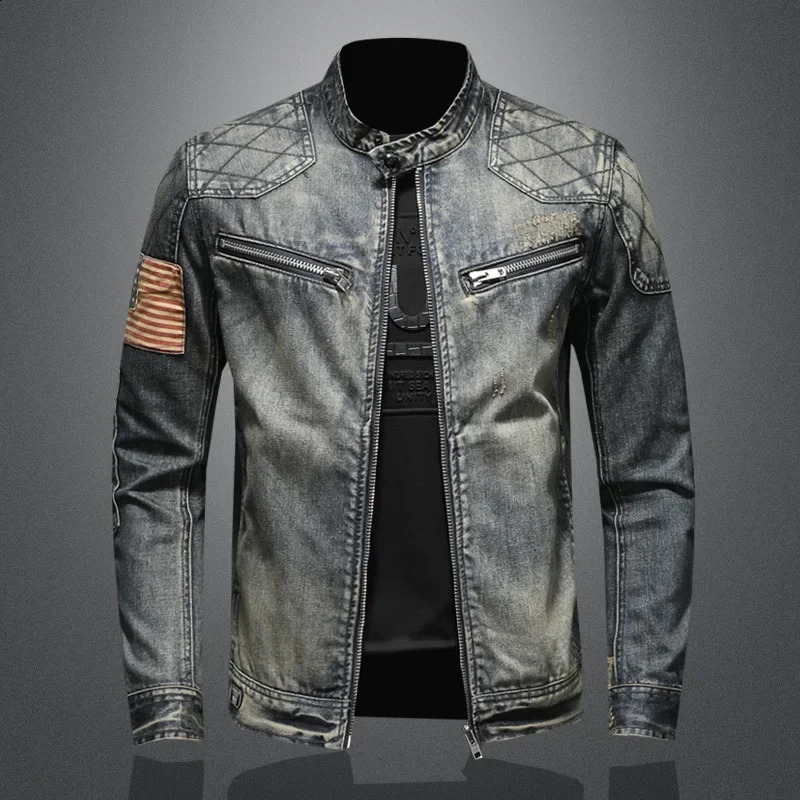 Retro fashion fully matched denim jacket trend casual mens personalized stand up collar zipper top 240921