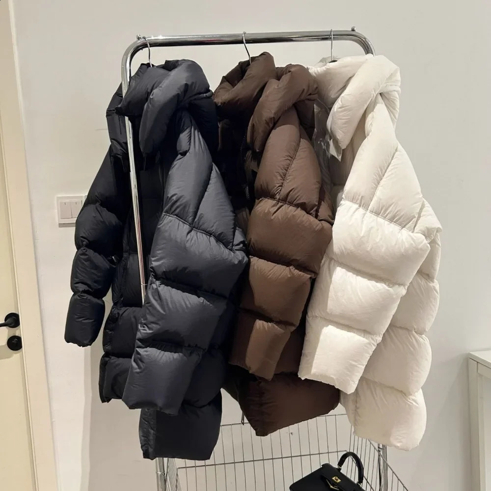 mid length hooded inflatable jacket loose and thick waterproof Parka down womens winter y white duck 240921