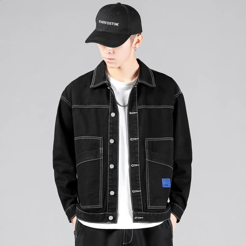 Autumn mens black denim jacket fashionable retro street style casual cotton elastic clothing 240921