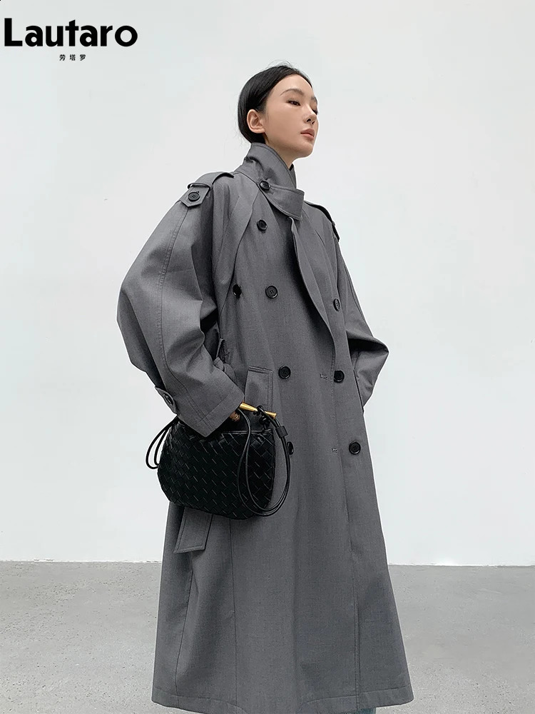 Lautaro Spring Autumn Oversized Khaki Long Grey Trench Coat for Women Double Breasted Loose Casual Korean Fashion Overcoat 2024 240919