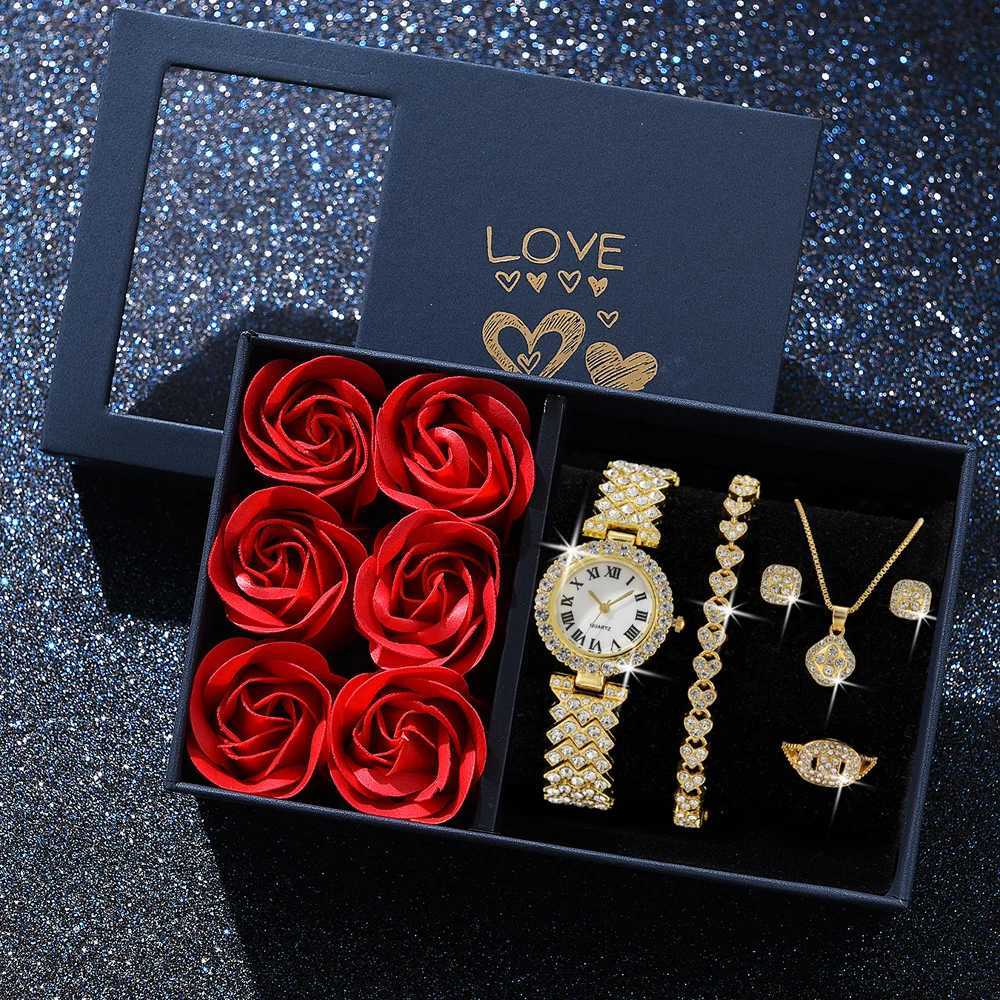 Fashion Luxury Women Gold Watch Bracelet Necklace 6Pcs Set Ladies Diamond Quartz Wristwatch Valentines Day Mothers Day GiftX240923