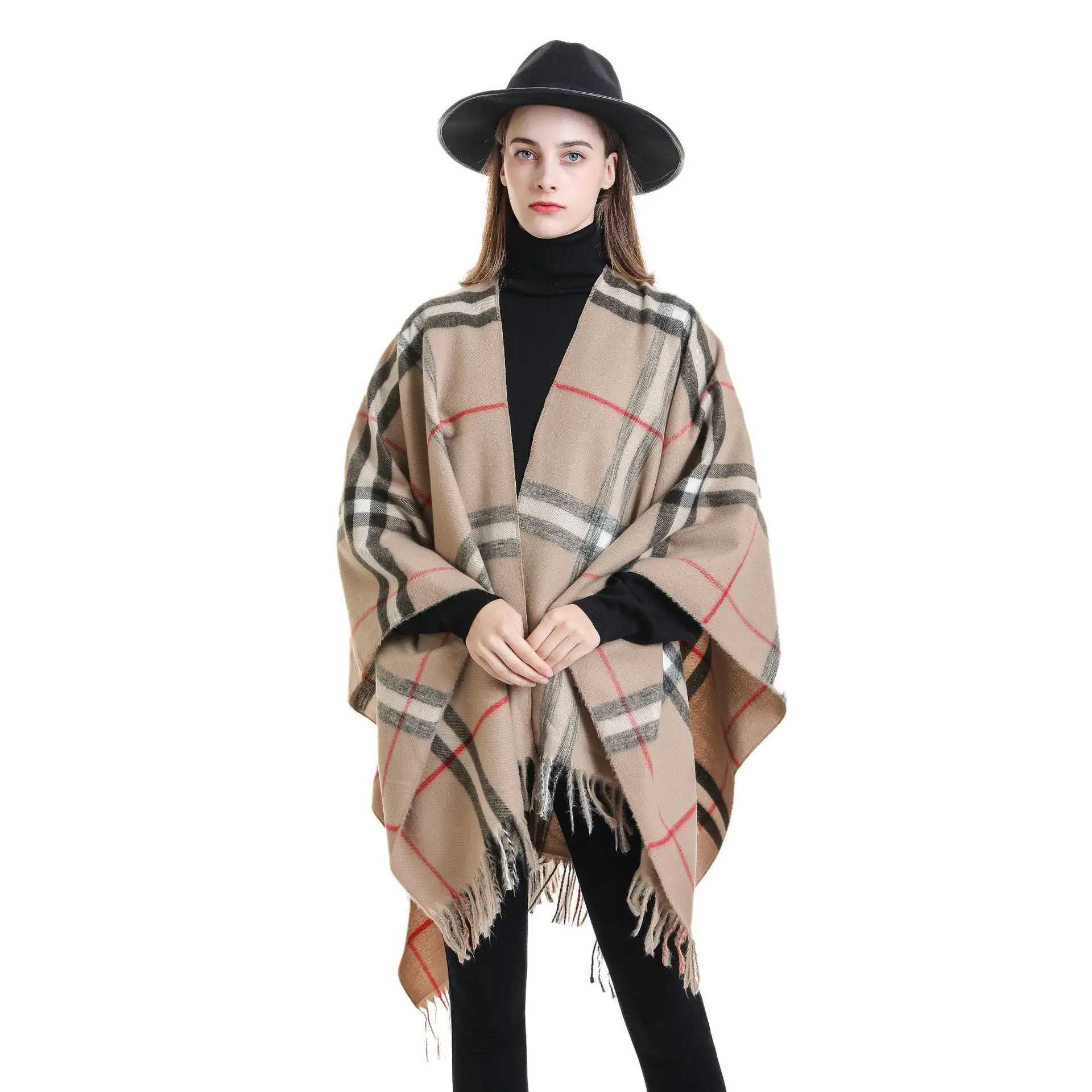 Scarves Women Cashmere Feeling Shl La Classic Plaid Ce Spring Autumn Retro Cardigan Winter Cloak with Tassels Soft Large Blanket J240923