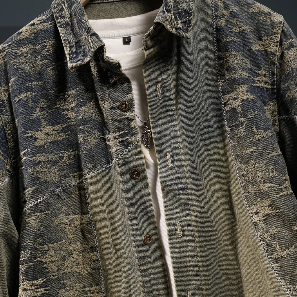High end retro washed denim mens jacket for springsummer embossed collar casual long sleeved shirt 240921