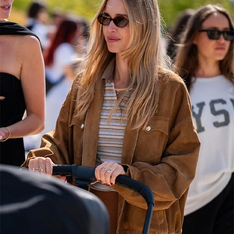 Vintage Brown Zipper Long Sleeved Demi-season Jacket For Women Fashion Stand Collar Suede Leather Coats Autumn Lady Streetwear 240921