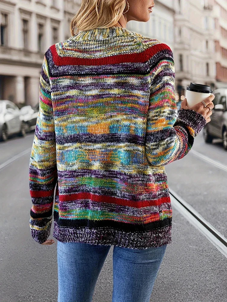 Aoaiiys Rainbow Striped Cardigan Women Knitted Sweater Pocket Long Sleeve Cardigan Fashion Casual Autumn Winter Sweater Coat 240912