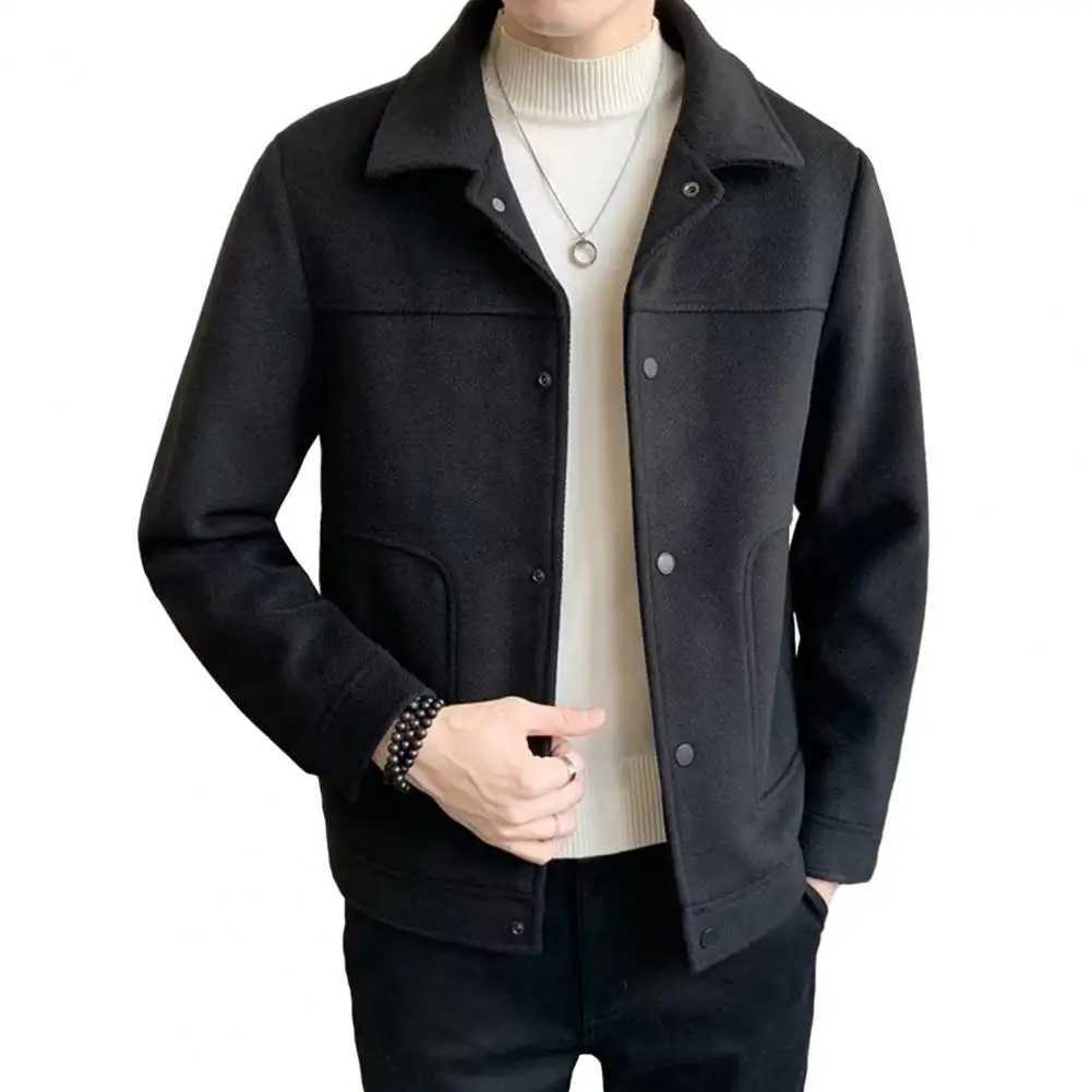 Winter mens jacket with a single breasted thick wool coat long sleeved loose solid color warm pocket mens winter jacket W240921