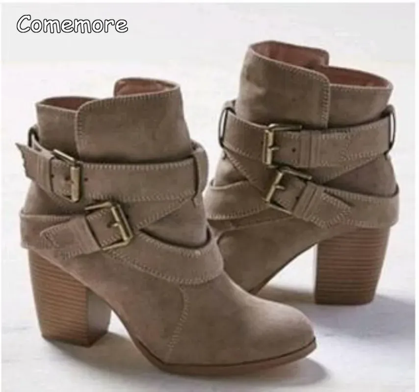 Buckle Casual Ladies Shoes Female Chelsea Short Boot Chunky Heel Autumn Footwear 2024 Vintage Women High Heels Ankle Boots