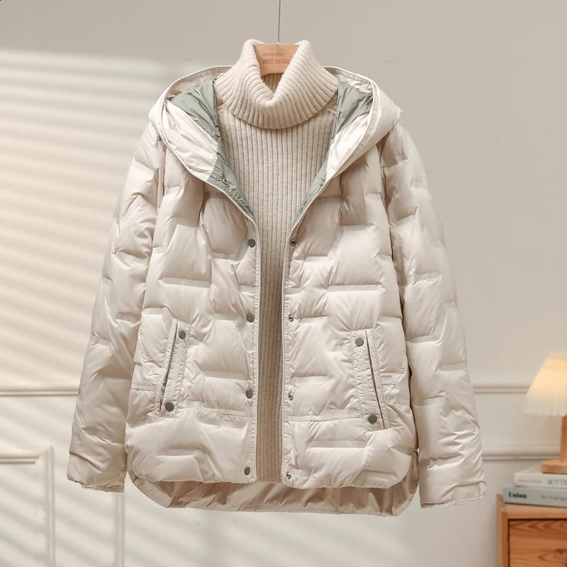 Lagabogy autumn and winter womens white duck down jacket casual single chest hooded lightweight Puffer Parka 240921