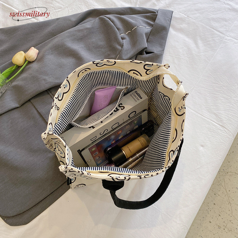 Large capacity canvas shoulder with bunny print tote for female office workers, cute student bag #28 Swissmilitary