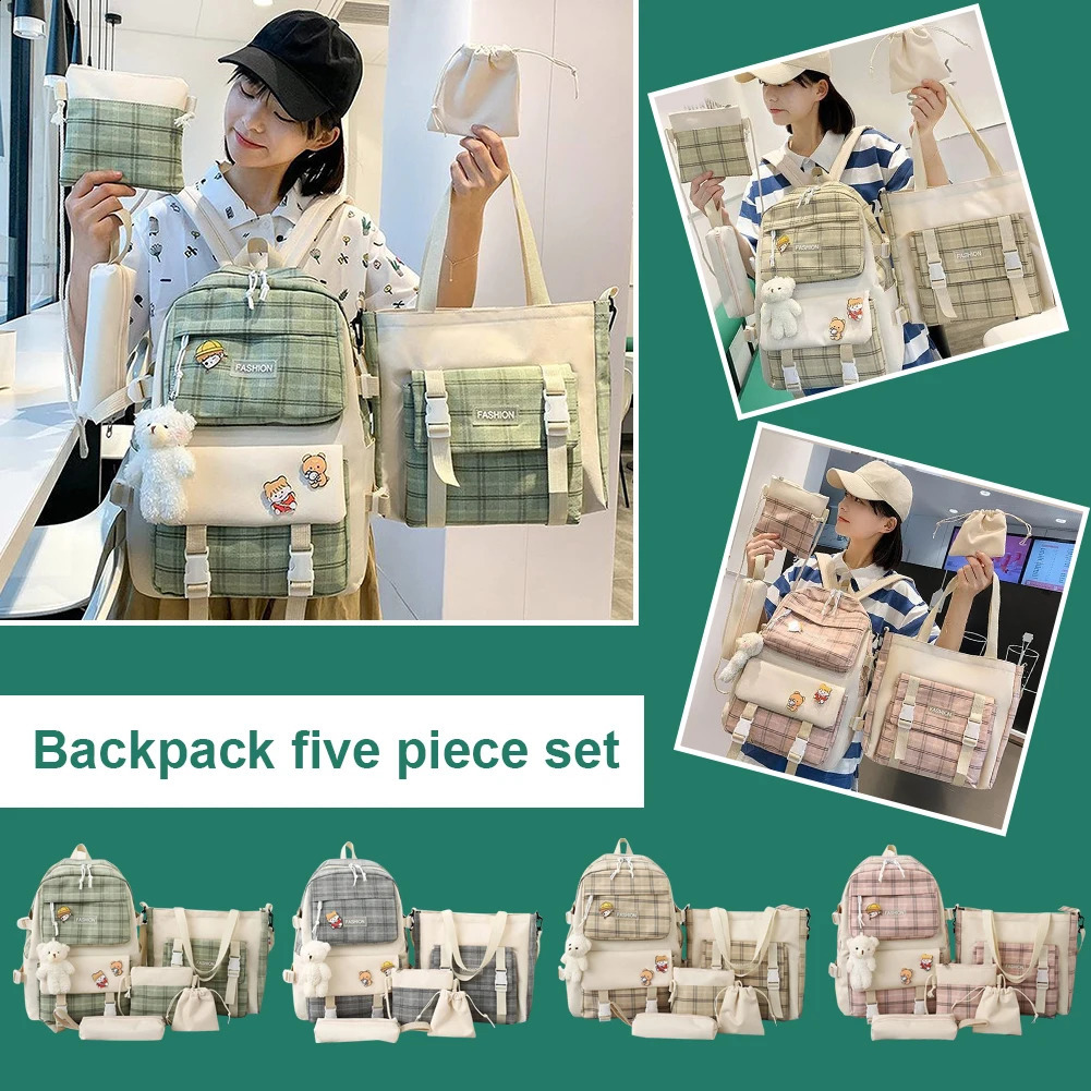 5pieceset backpack combination set large capacity canvas school waterproof shoulder handbag pendant badge 240724