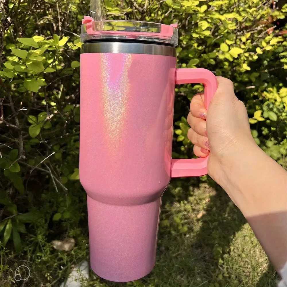 40Oz Stainless Steel thermos cup With Handle Lid and Straw Insulated Rainbow Paint Travel Mug For Hot And Cold Beverages Outdoor X2506051