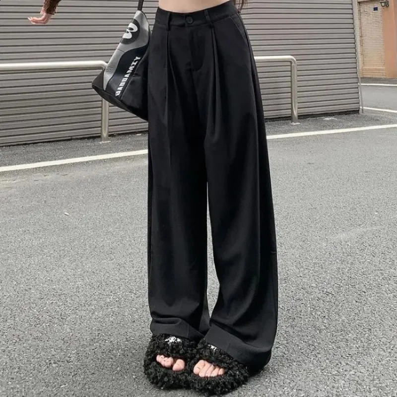 QWEEK Elegant Baggy Gray Suits Pants Woman Oversized Office Ladies Casual Korean Fashion Classical Trousers High Waist Summer 240923