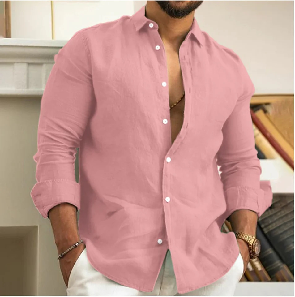 Mens cotton Linen Shirt Button Up Summer Shirt Beach Shirt Long Sleeve Plain Lapel Spring Summer Casual Daily Clothing 240924