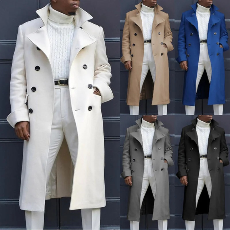 Fashion White Long Jackets Trench Wool Blends Mens Overcoat Long Trench Coat Double Breasted Coats Streetwear Party Loose Jacke 240923