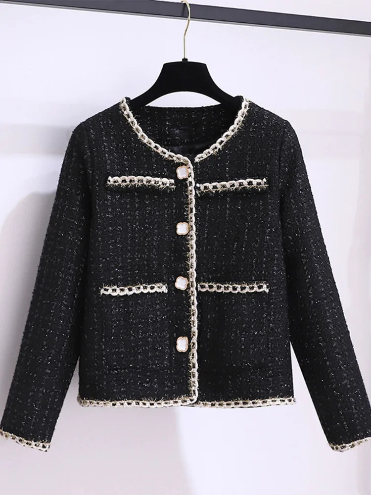 Autumn Winter Elegant Black Tweed 2 Piece Set Women Long Sleeve Woolen Jacket Short Coat Mini Skirts Suits Fashion Two Piece Set 240914
