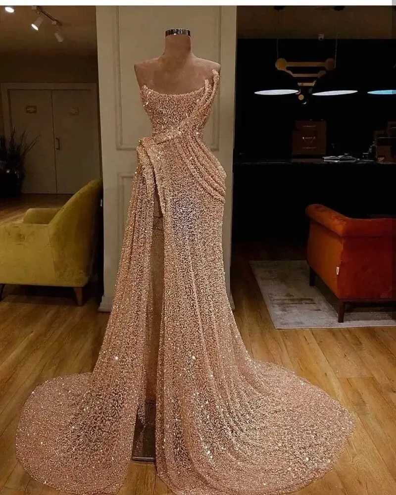 2024 New Pink Sparkling Mermaid Evening Dress Champagne sequins Side Split Lace Formal Party Dress Customized Long Ball Dress W240924