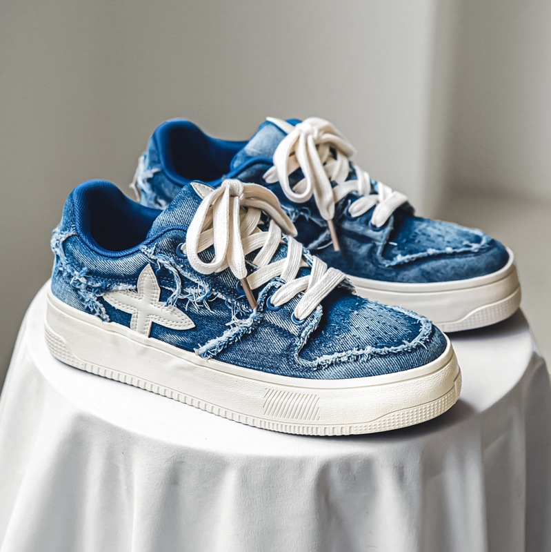 Men's Canvas Thick Sole Heightening Fashion Sneakers: Trendy Red Blue Print, Versatile Casual Shoes 1ec2