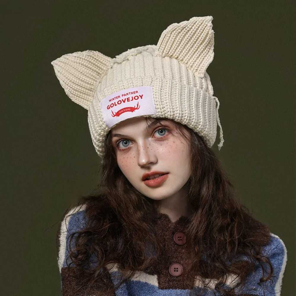 Cute double-layer Loverboy cat ear knitted hat warm hooded pig ear plush hat niche design thick warm hat unisex style W240924
