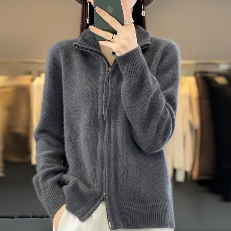Autumn/Winter Ultra Thick Cashmere Zipper cardigan 100% Merino Wool Womens Turtle Neck Sweater Coat Solid Color Warm Knitted 240924