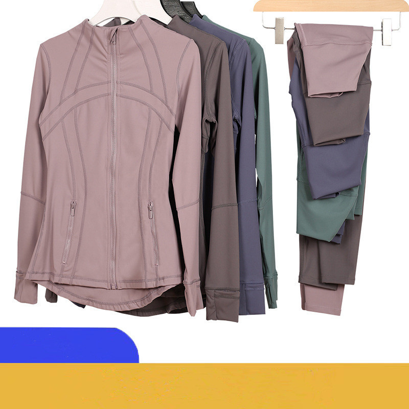 Women's Sports Yoga Jacket Pants Set Fitness Cycling Yoga Pants Solid Color Breathable Jacket Outdoor Wear Sports Set