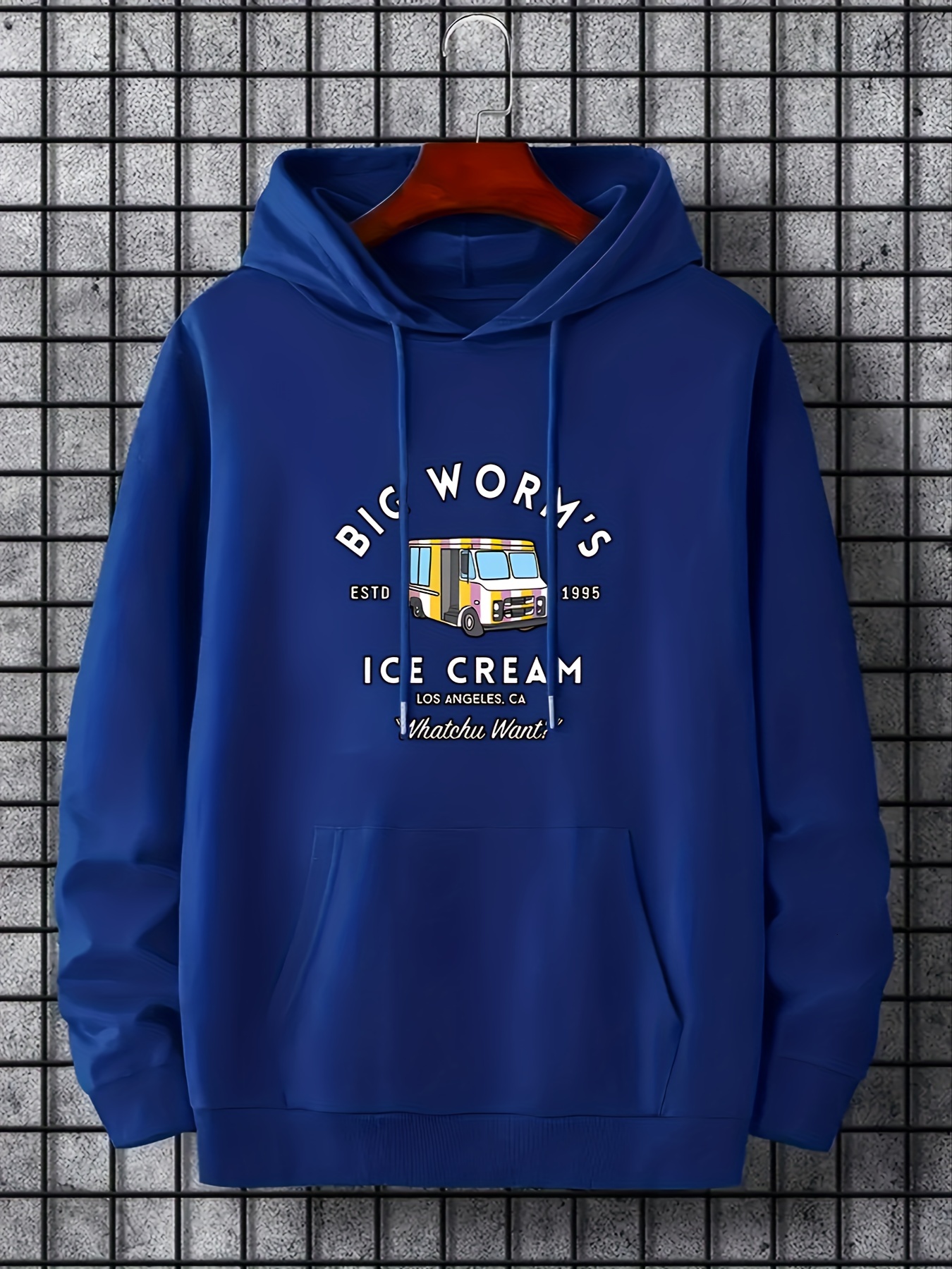 "Big Worm's Ice Cream" Print Hoodie For Men, Casual Hooded Long Sleeve Top, Men's Clothes For Spring Fall Winter, As Gift