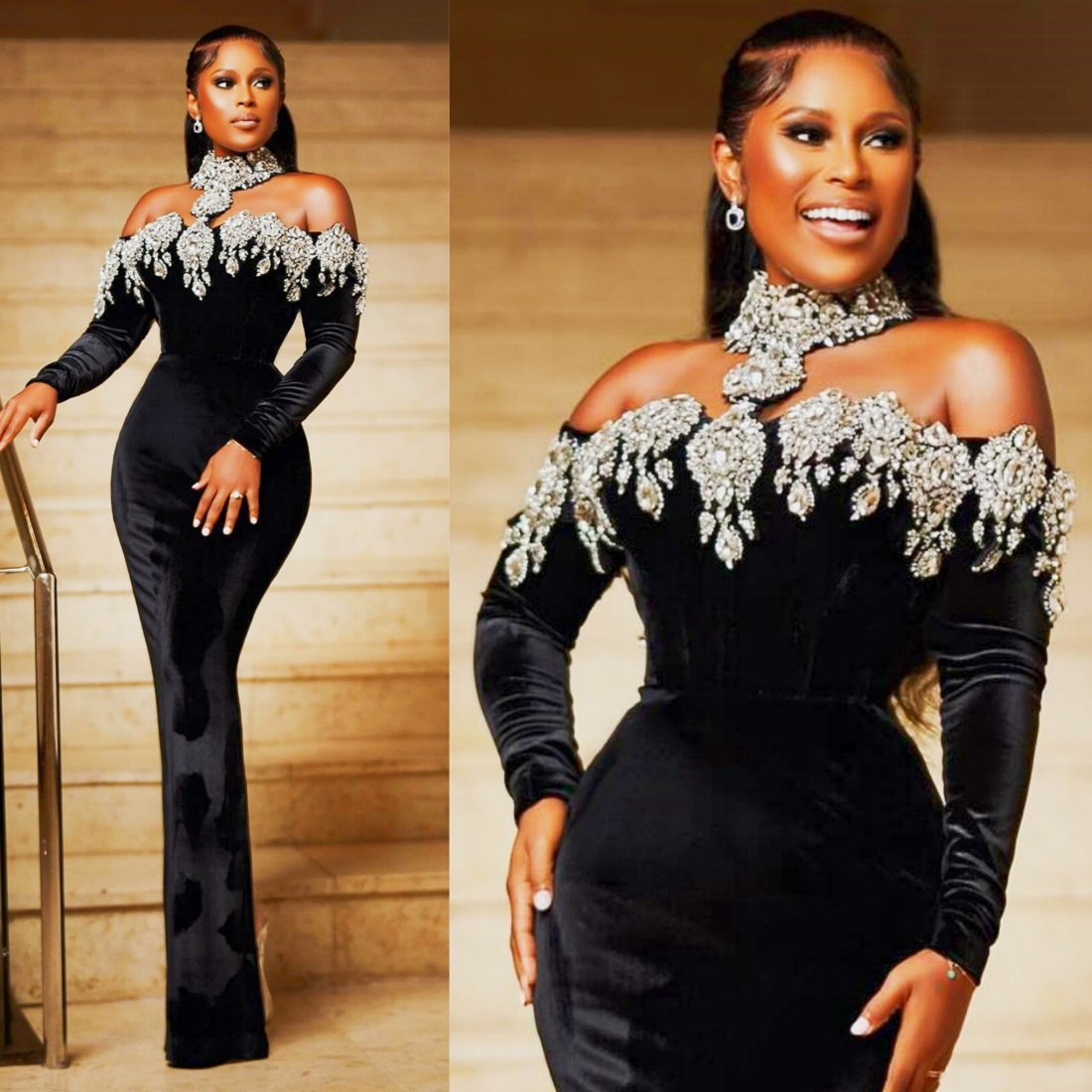 2024 Black Evening Dresses Prom Dress Mermaid Formal Gowns For Women Halter Velvet Long Sleeves Beaded Rhinestones Birthday Dress Second Reception Gowns Gala AM466