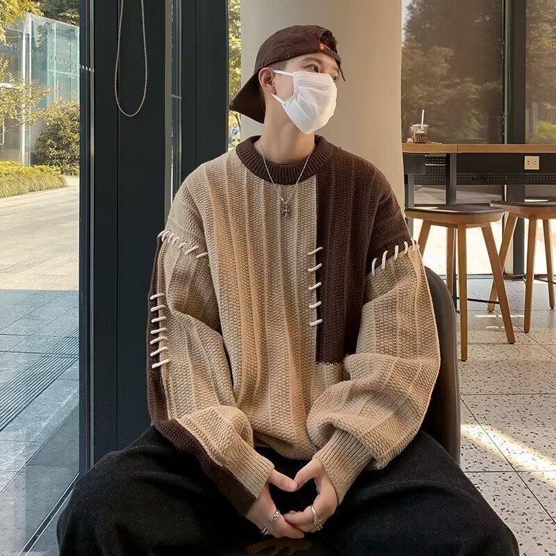 2024 New Designer Splicing Color Comparison Boys Sweater Loose, Casual Lazy Style Hooded Knitted Sweater Fashion Men Autumn/Winter