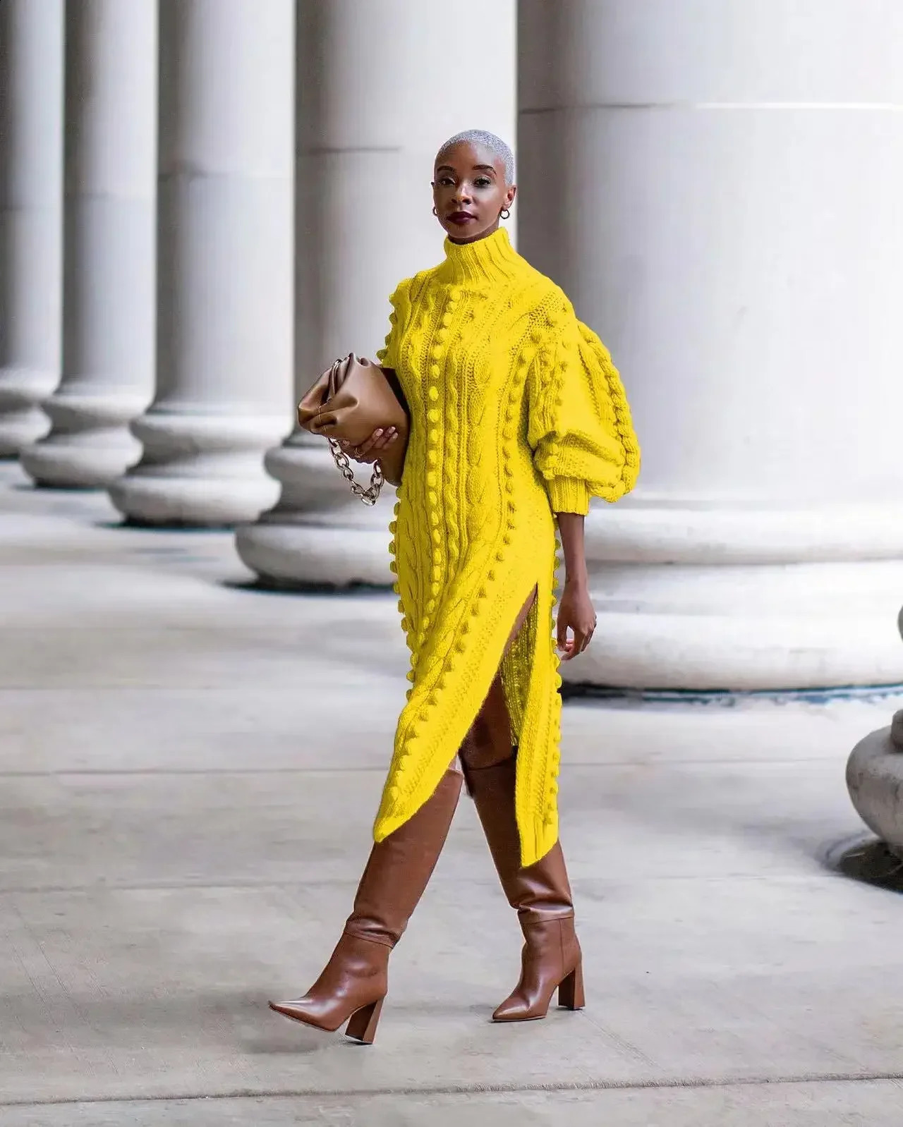 2024 Autumn Women Long Sleeve Turtleneck Knitted Dress Sexy High Split Sweater Dress Casual Warm Winter Thicken Dress Female 240913