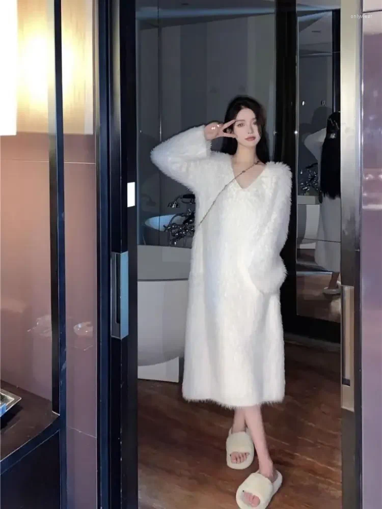 Womens Sweaters Loose Knit Long Sweater Solid White Sweaterdress Fall Winter Knitwear Dress Pullover Women Y2k Cloth Fairycore Korean 00s