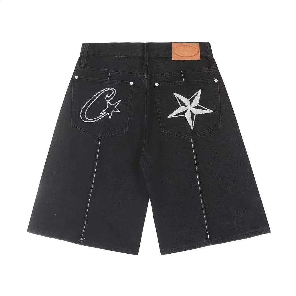 Summer Retro Denim Shorts for Men Star Embroidered Hip Hop Sewing Street Washing Trendy Casual Sports 240924