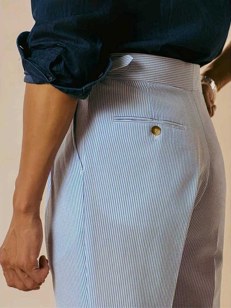 Classic Striped High Waist Suit Trousers Men Vintage Belt Lace-up Straight Pants Spring Summer Mens Fashion Pleated Slim Pants Z240924