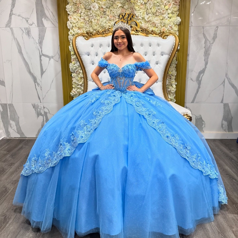 Mexican Shiny Quinceanera Dresses Ball Gown Lace Applique Beading Bow Tiered Tull Corset Sweet 16 Dress Vestido De 15 Anos