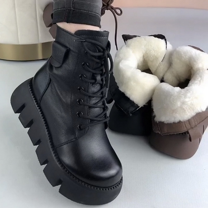 Womens Snow Boots 2024 Winter New Platform Cotton Shoe Retro Black/Brown Round Toe Lace-Up Zipper Modern Motorcycle Boot
