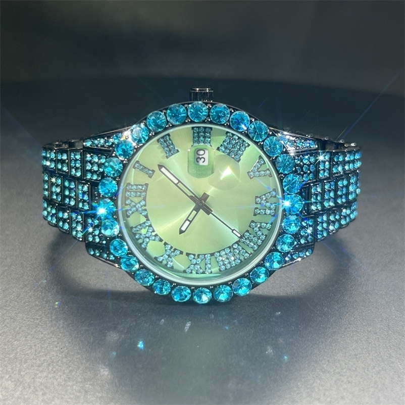 MISSFOX Diamond Watch For Men Fashion Light Blue Stainess Steel Quartz Wristwatch Hip Hop Rapper Style Waterproof Clock 240909