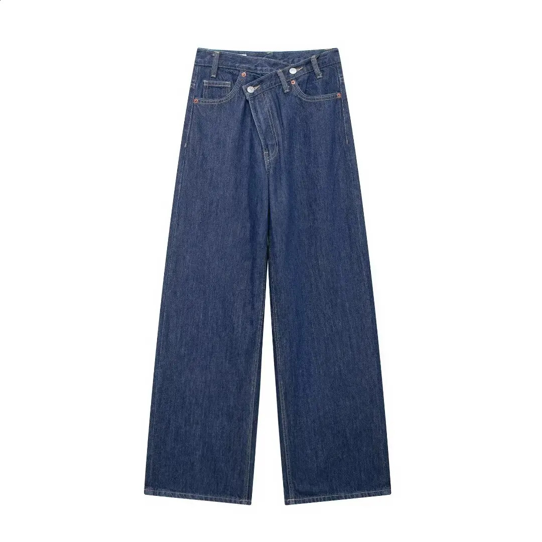 PB ZA Women Autumn Fashion Doublebreasted waistband high waist wide leg jeans vintage casual female Denim Pants Mujer 250206