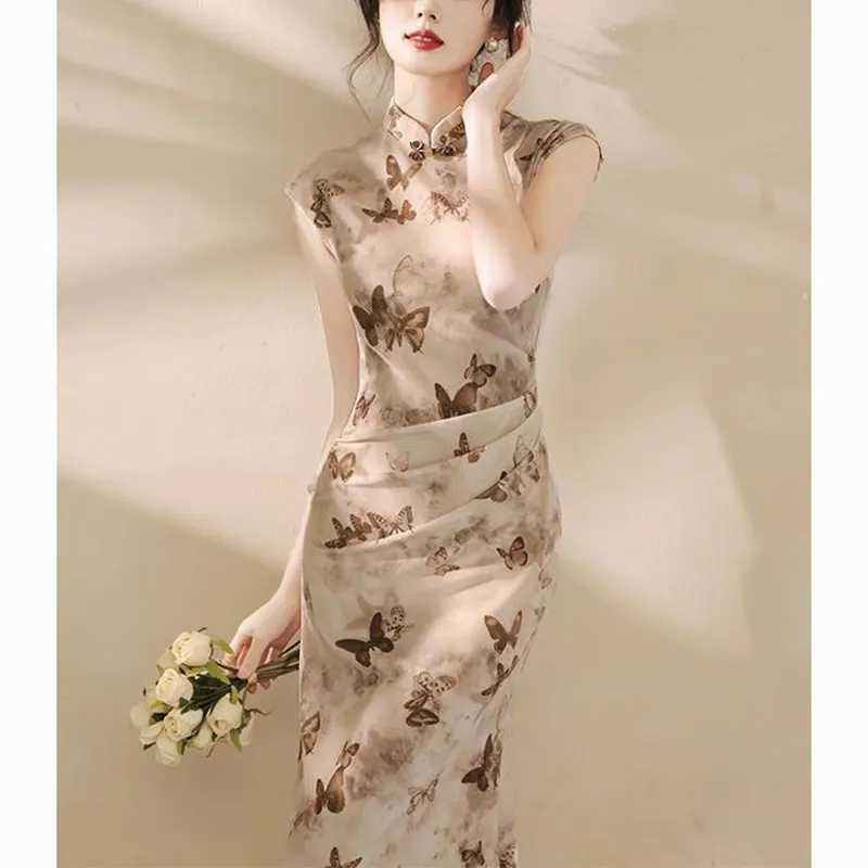 Womens Summer Fashion Simple Chinese Printed Cheongsam Fishtail Skirt Womens Elegant Warm Slim Fit Dress W240924