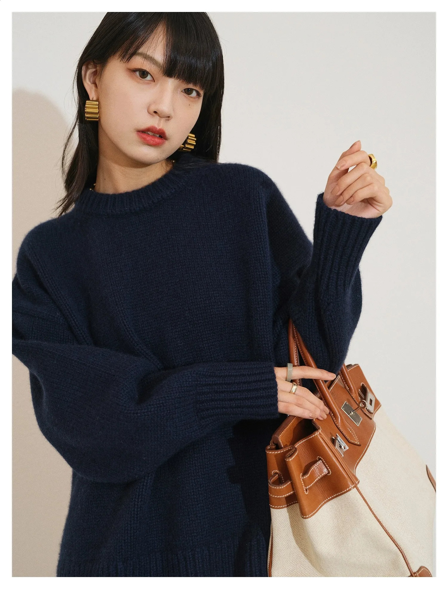 European round neck 100% cashmere sweater womens thick lazy silhouette sweater womens loose knit bottom sweater 240924