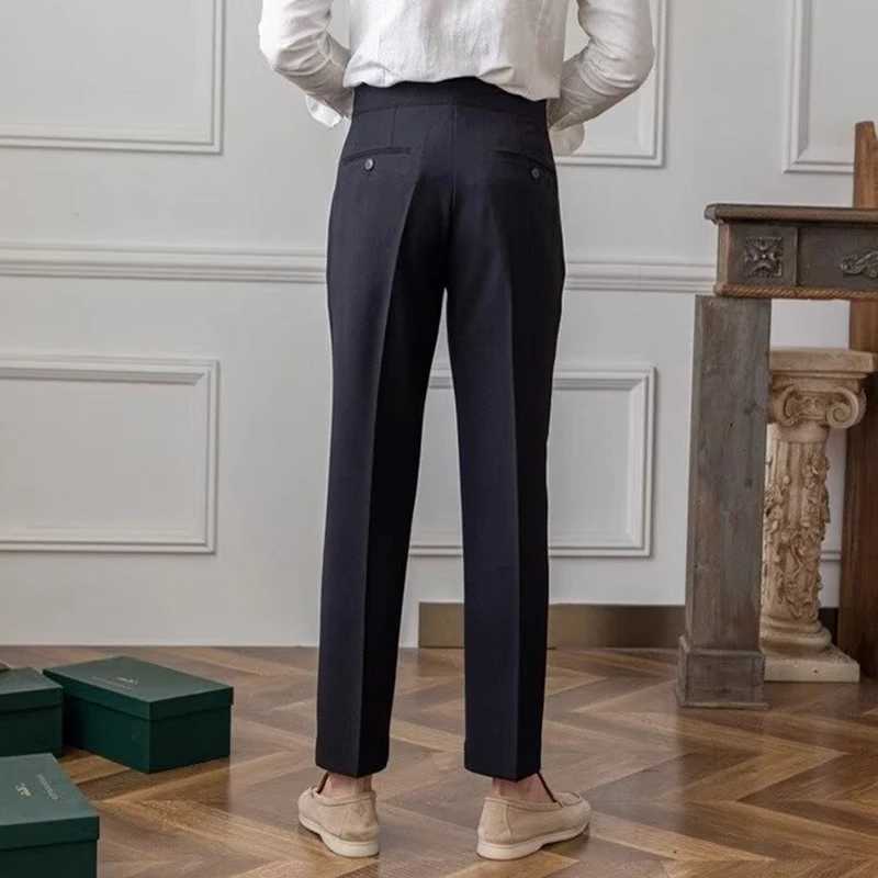 Old Money Aesthetic Mens Suit Trousers Stylish Belt Buttoned High-waisted Pants Men Fall Vintage Solid Color Slim Straight Pants Z240924