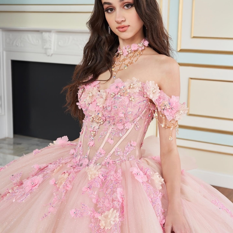 Pink Shiny Quinceanera Dresses Ball Gown Party Birthday Princess Lace Appliques Beads Crystal Tull Off The Shoulder Sweet 16 Dress Vestidos 15 De XV A