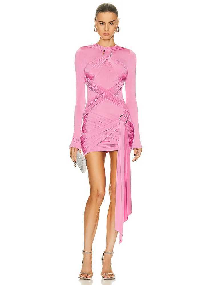 Autumn womens long sleeved O-neck mini dress sexy pink cross ring design ultra-thin mini dress party runway dress W240924