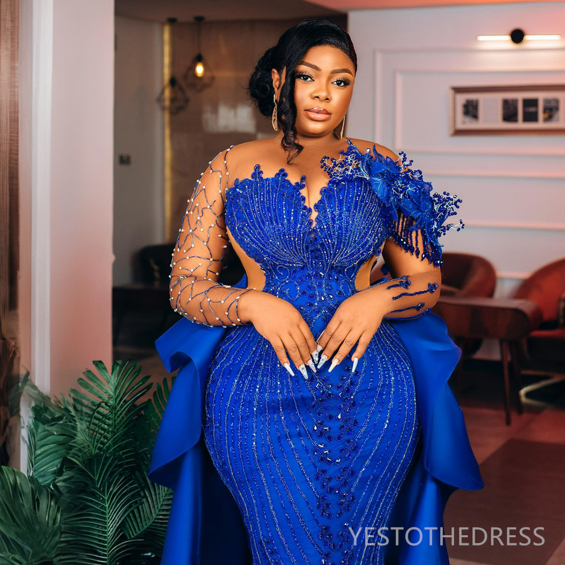 2024 Plus Size Royal Blue Prom Dress With Detachable Train Evening Dresses Mermaid Sheer Neck Long Sleeves Beaded Lace BirthdayDress Second Reception 