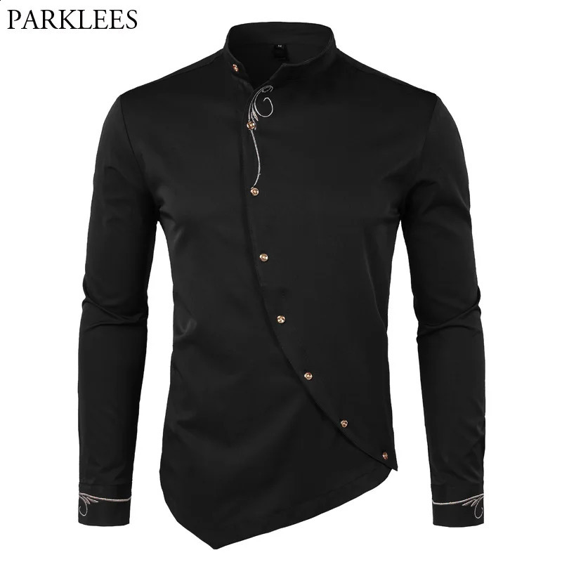 Mens Hipster Oblique button down embroidered dress slim fit long sleeved mens casual business wedding 240923