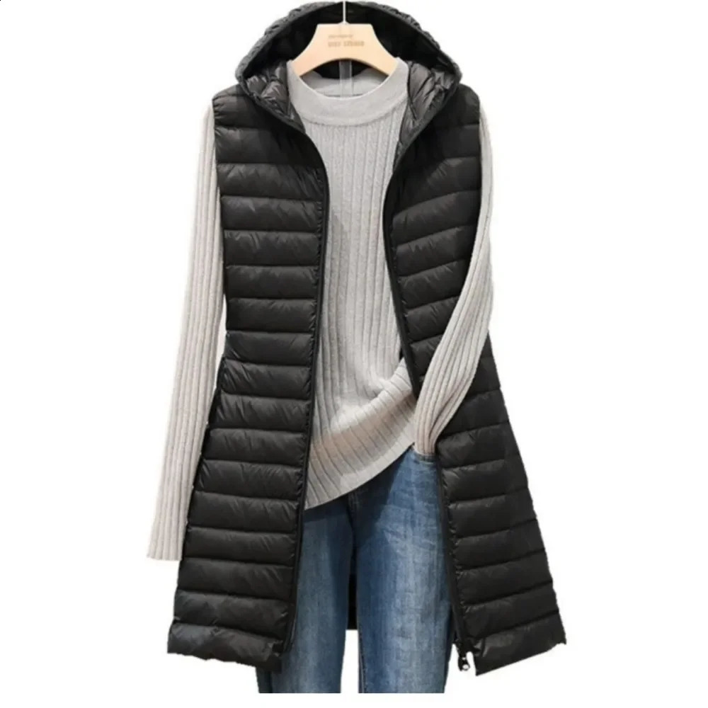 female autumn and winter medium long hooded light down padded jacket waistcoat cotton vest 240923